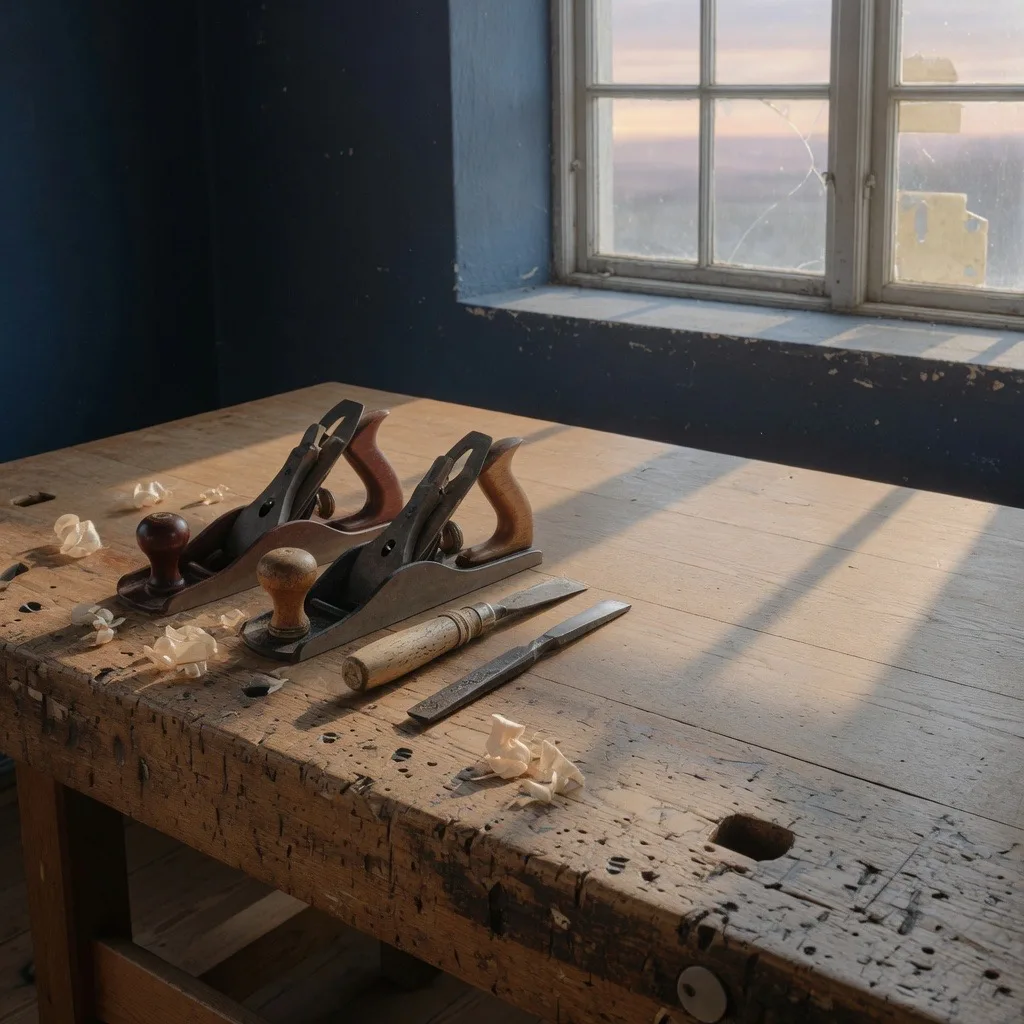 Workbench with hand tools in the joinery workshop