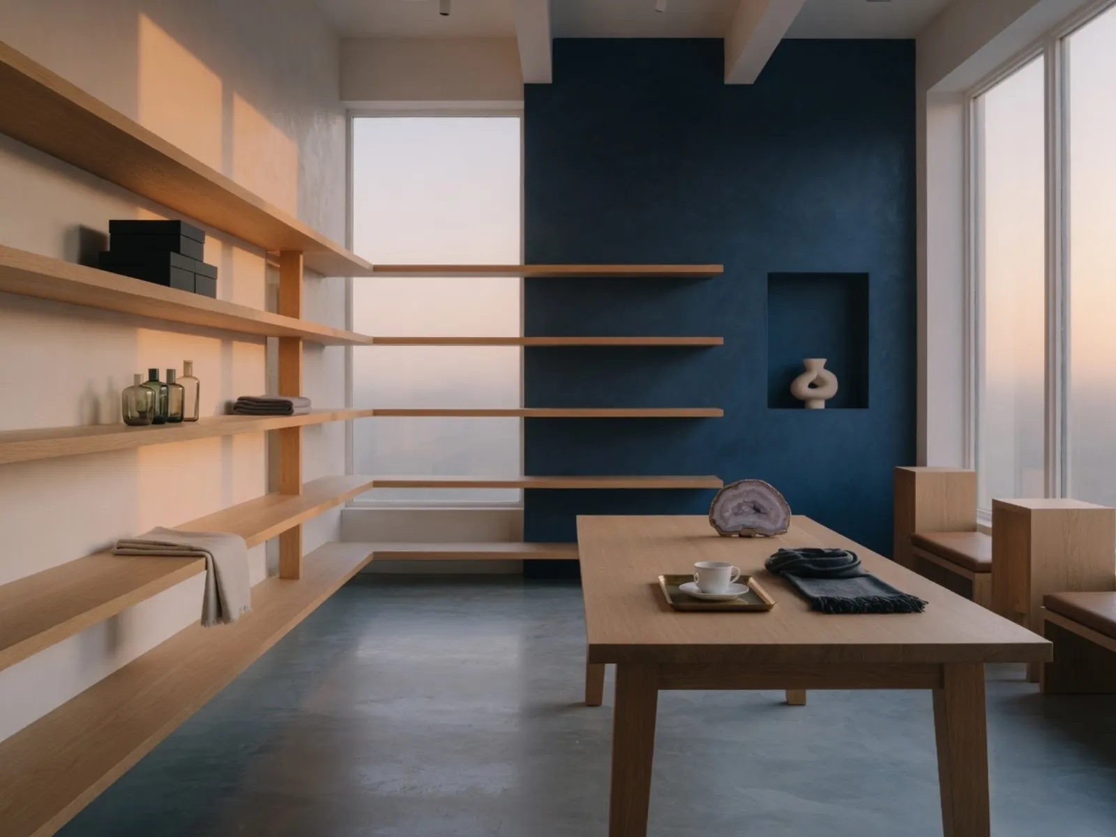 Store interior with oak shelving and deep navy feature wall at dawn